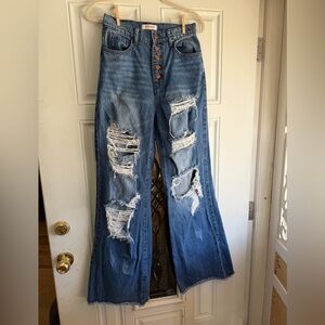 Vibrant Brand High-Waist Distressed Wide-Leg Jeans - Blue